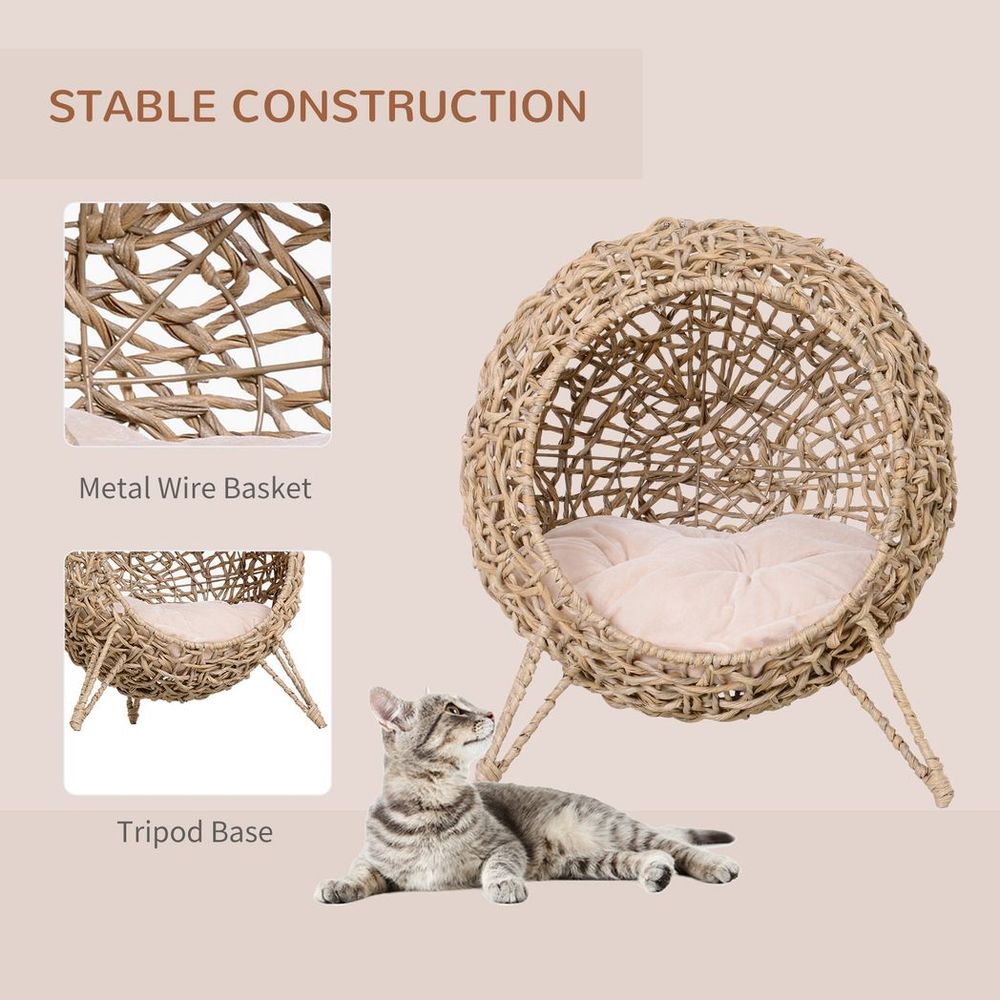 Wicker Cat ball-shaped rattan house, raised cat bed - Natural Wood Finish