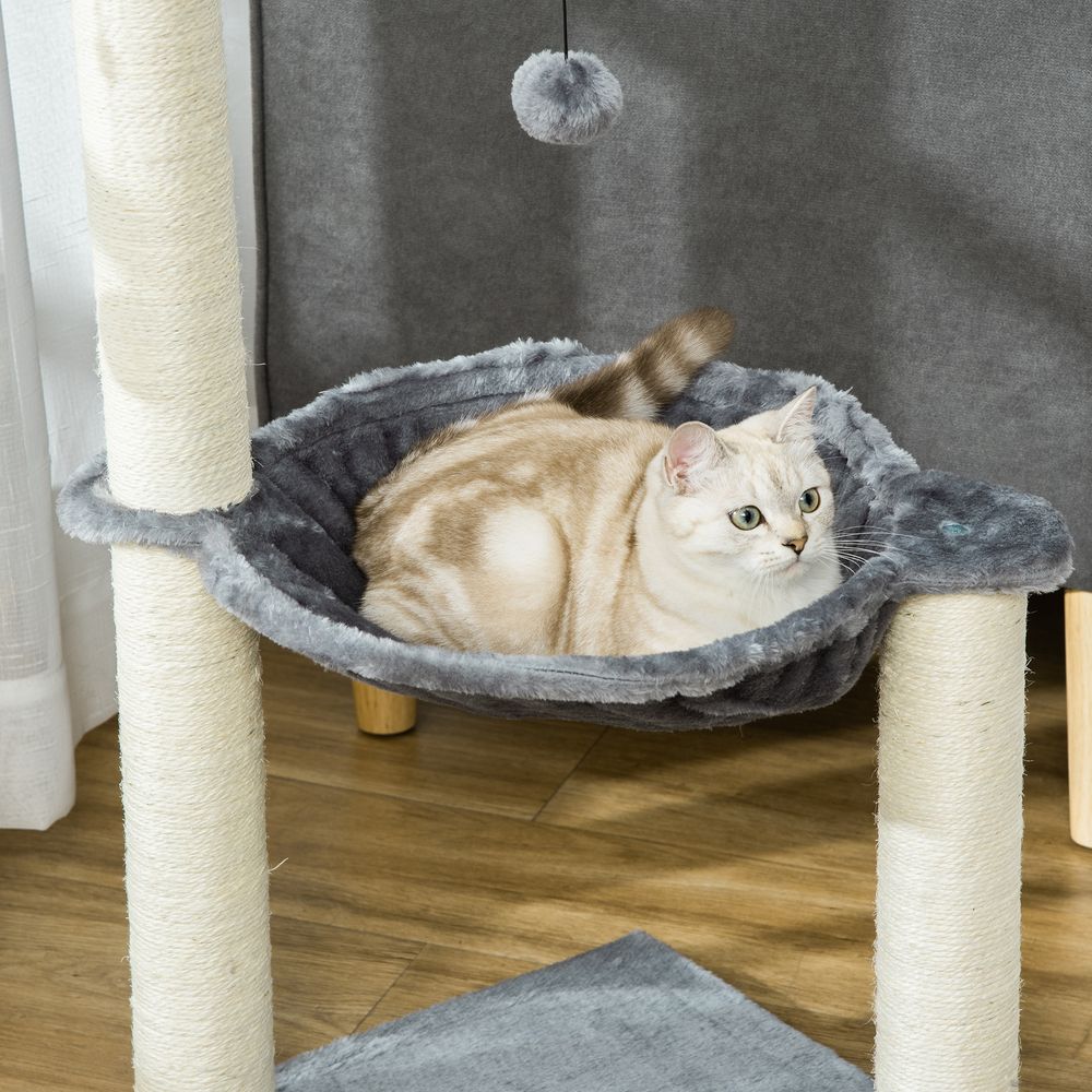 Cat Tree tower for indoor cats with sisal scratching post, hammock, toy ball - Grey