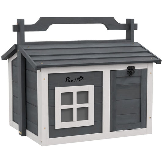 PawHut rabbit hutch indoor outdoor with top handle, openable roof - Grey