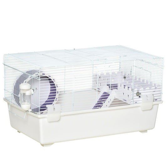 Two-tier hamster cage gerbil haven with exercise wheel, water bottle, ladder - white