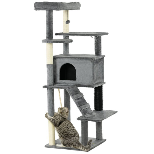 PawHut - Cat tree tower for indoor cats with scratching post, house, toy - Grey