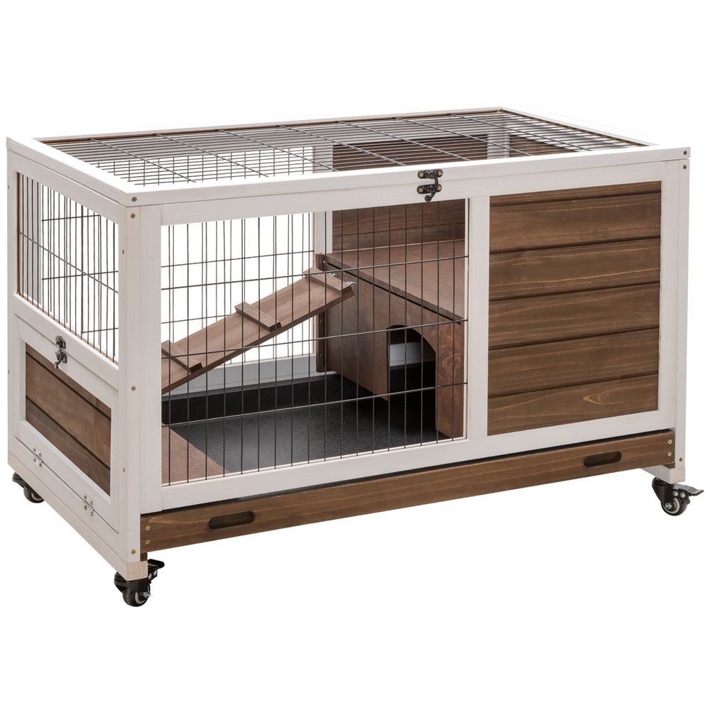 PawHut Indoor wooden rabbit or guinea pig hutch elevated 2-floor cage with wheels