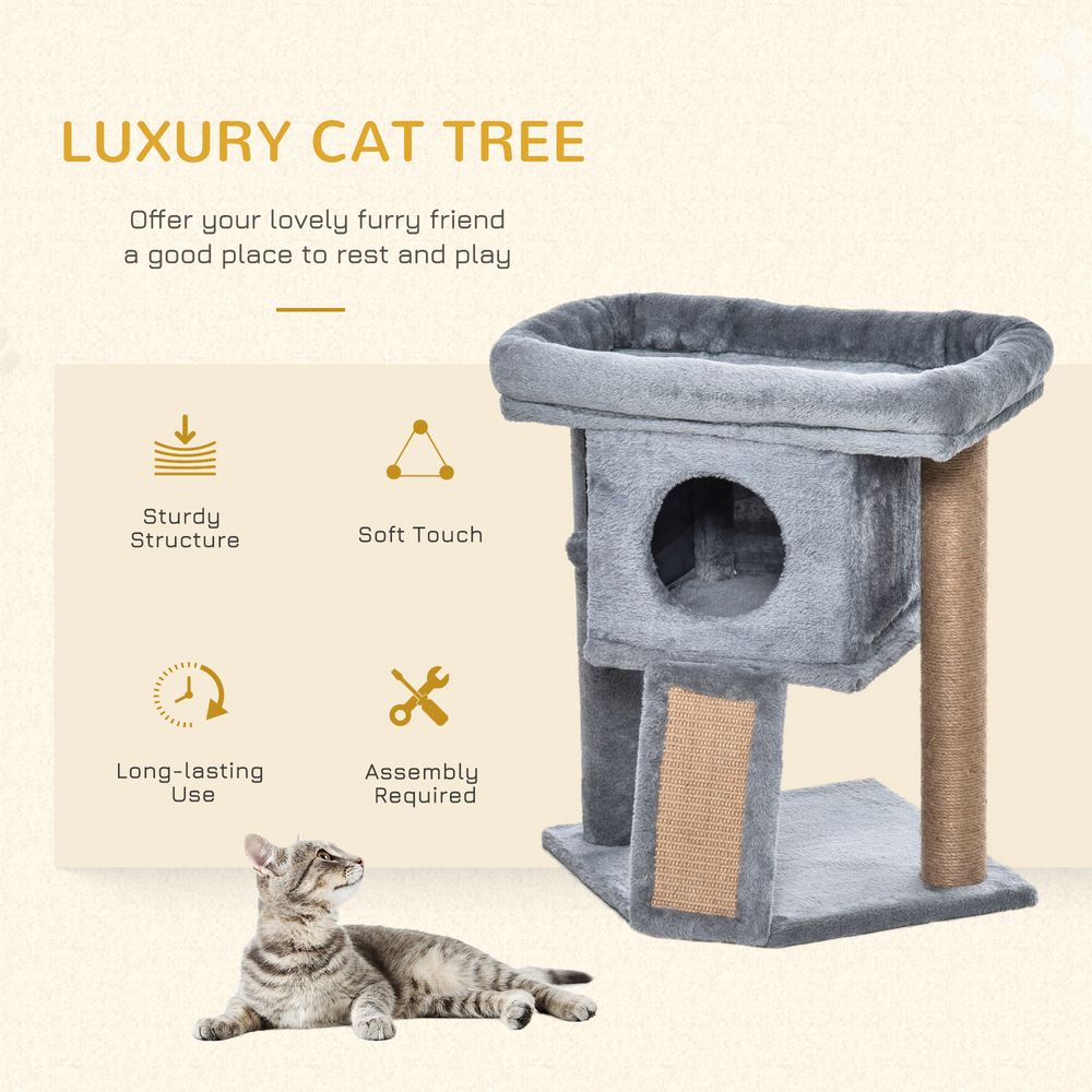 PawHut - Cat tree activity centre with scratching pad, toy ball, cat house - Grey