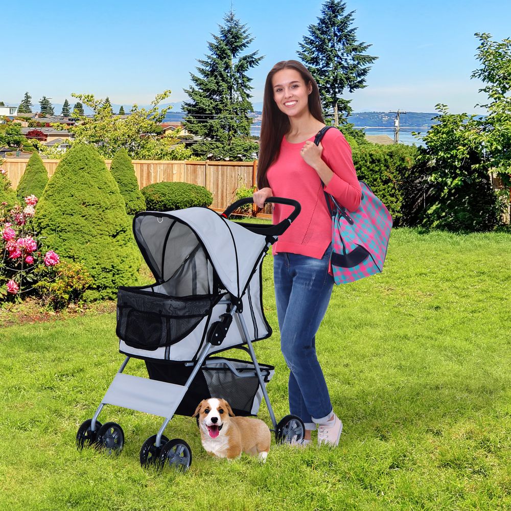 Pet dog cat stroller with basket, zipper entry, folding, cup-holder, carrier - Grey