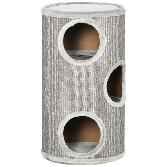 Cat barrel kitten tree tower for indoor cats, covered with sisal, cosy platform