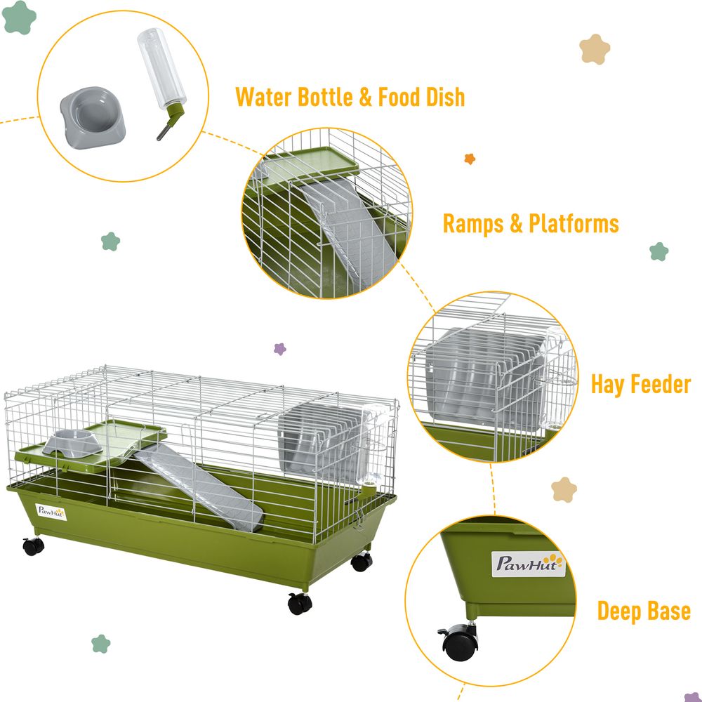 PawHut 89cm Small Animal Home Cage for Rabbit Ferret Chinchilla w/ Wheels Green