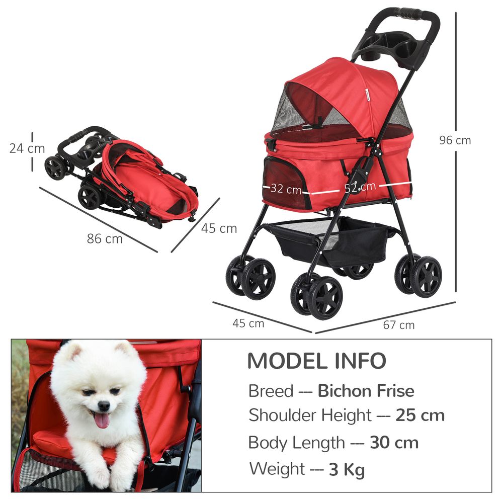 PawHut Pet stroller foldable travel carriage with brakes, 360 degree wheels and basket