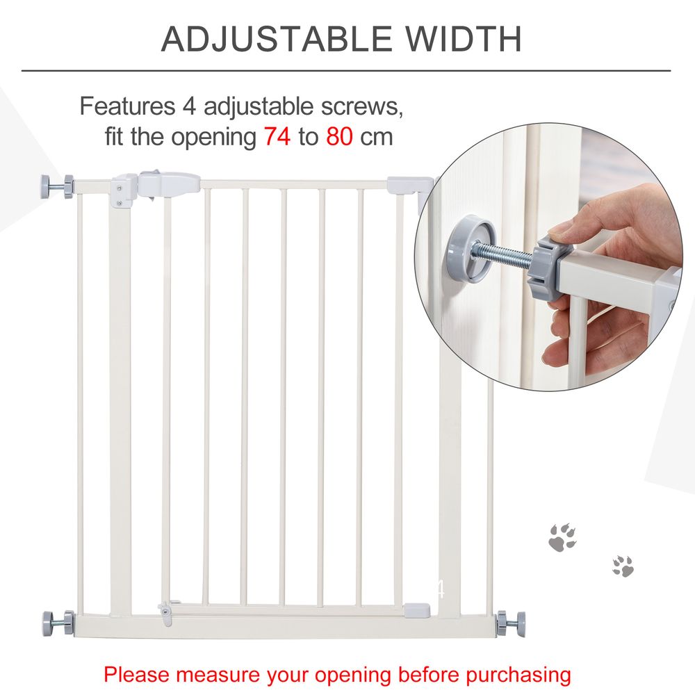 PawHut 74-80cm adjustable metal pet gate safety barrier with auto close door - White