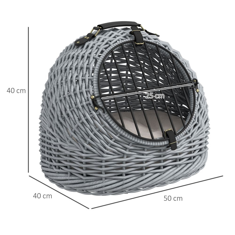 Portable wicker cat basket with mat and top handle for kitten, pussy with enclosed bed - Grey