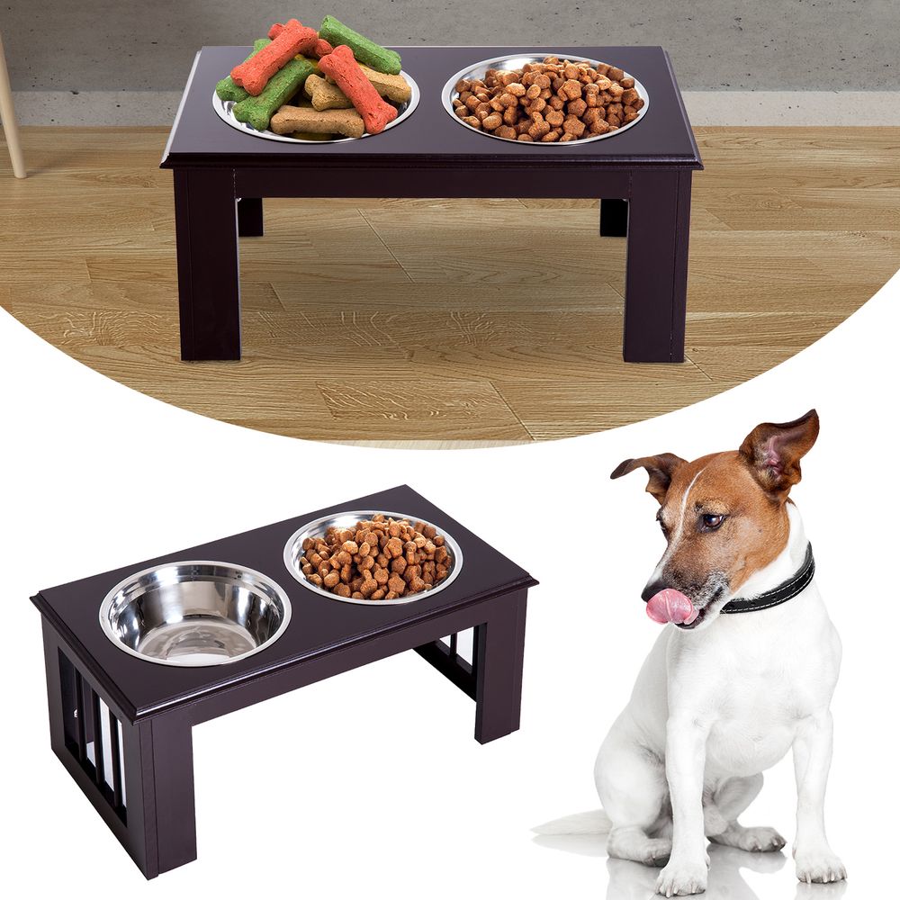 PawHut raised dog bowls pet feeder elevated double stainless steel water brown