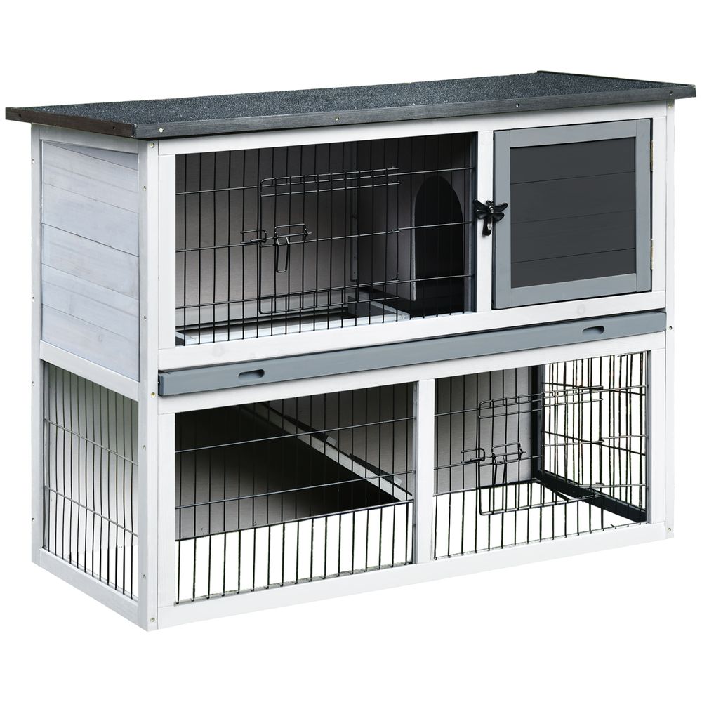 PawHut rabbit hutch and run with removable tray - easy access openable top for indoors & outdoors - Grey