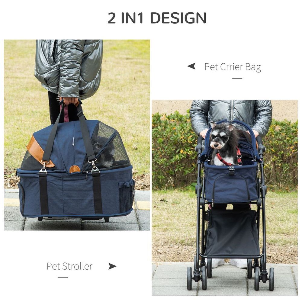 PawHut luxury 2-in-1 folding pet stroller with removable carrier and adjustable canopy bag with brake