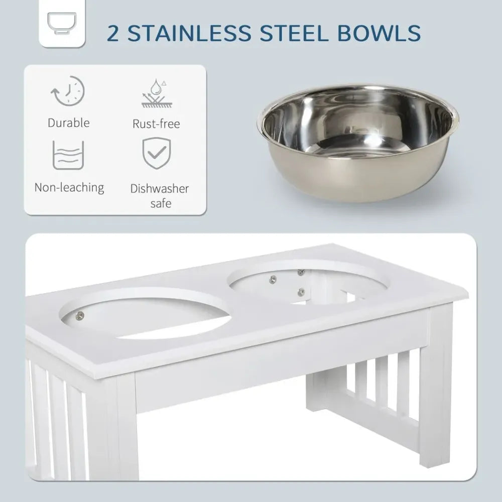 Pet feeder raised elevated stainless steel bowls stand food water white small