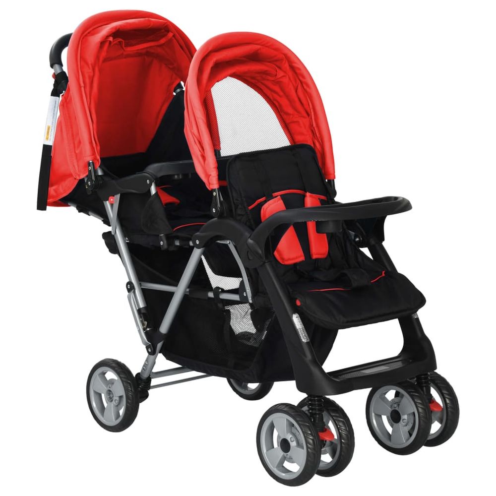 vidaXL Tandem Stroller Steel Red and Black