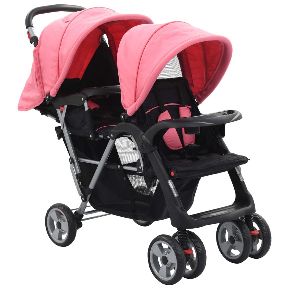 vidaXL Tandem Stroller Steel Red and Black