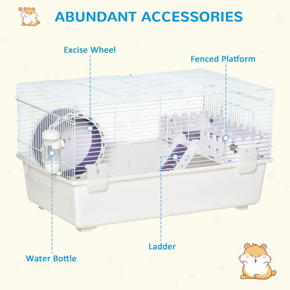 Two-tier hamster cage gerbil haven with exercise wheel, water bottle, ladder - white