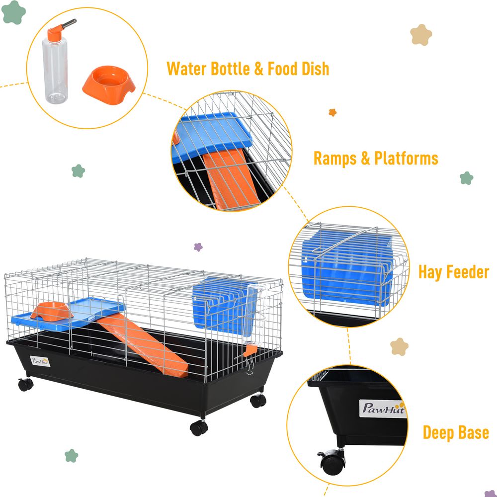 PawHut 89cm Small animal home cage for small rabbit, ferret chinchilla with wheels - Black