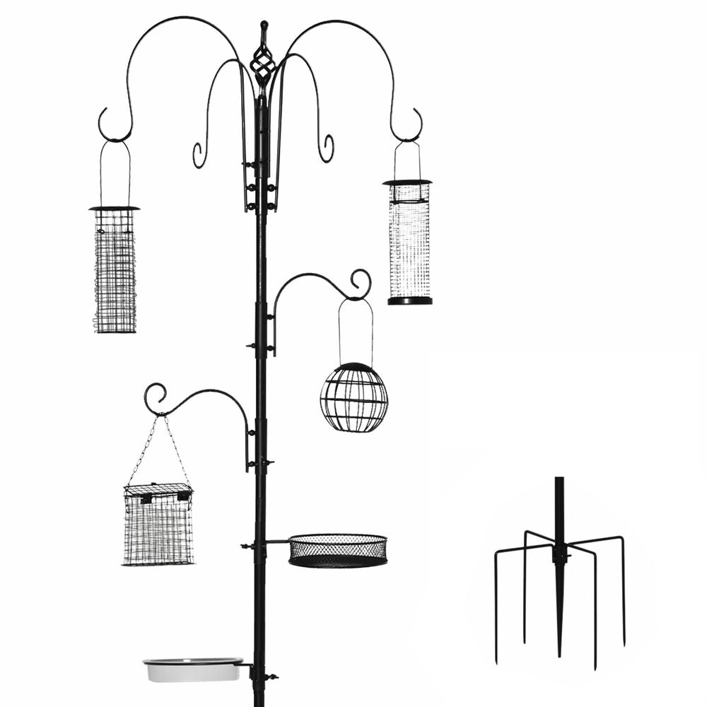 PawHut wild bird feeding station kit, feeder with pole and 6 hooks with 4 hanging feeders