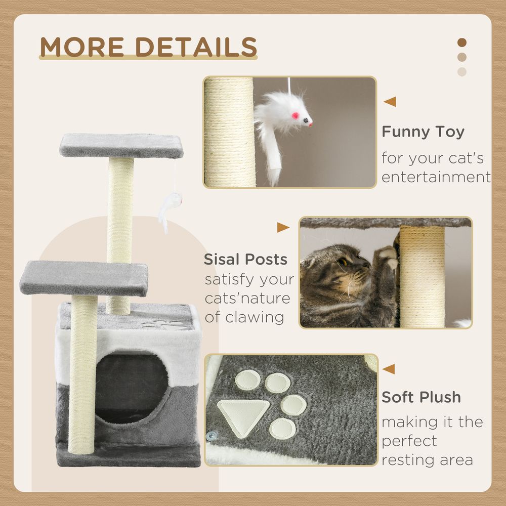 PawHut cat tree with sisal scratching posts, house, perches and toy mouse - Grey