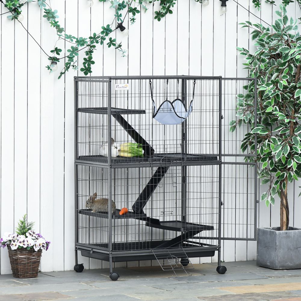 Cage with hammock for small pet animal, ferret, chinchilla, kitten house with tray and wheels