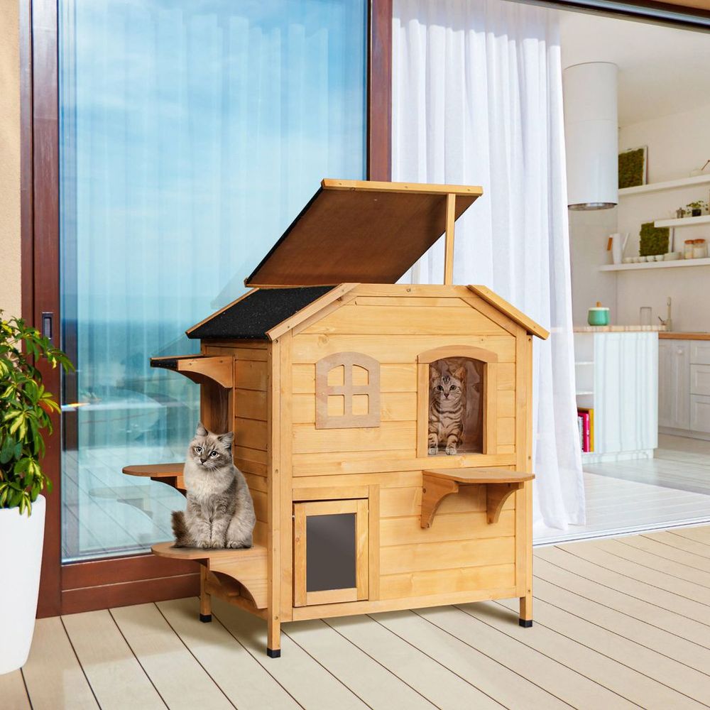 Wooden pet cat house cave shelter condos outdoor natural wood finish