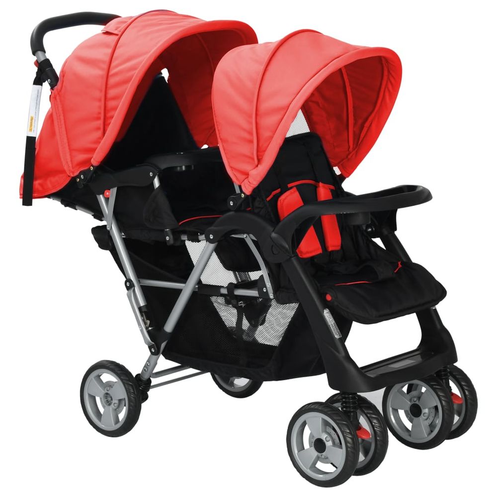 vidaXL Tandem Stroller Steel Red and Black