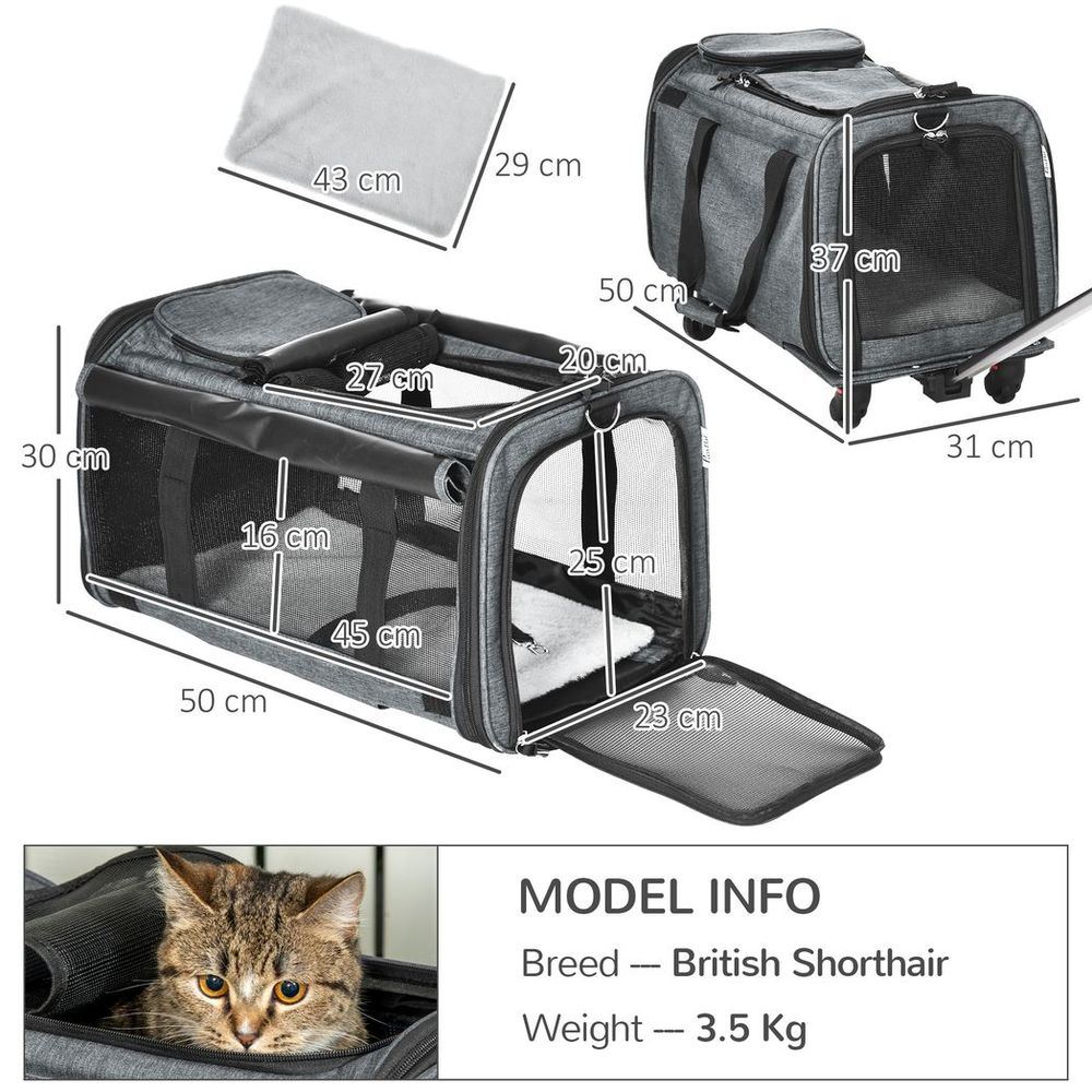 PawHut 4 in 1 Pet trolley, sling carry bag, car seat on wheels for cats and extra small dogs with telescopic handle - grey