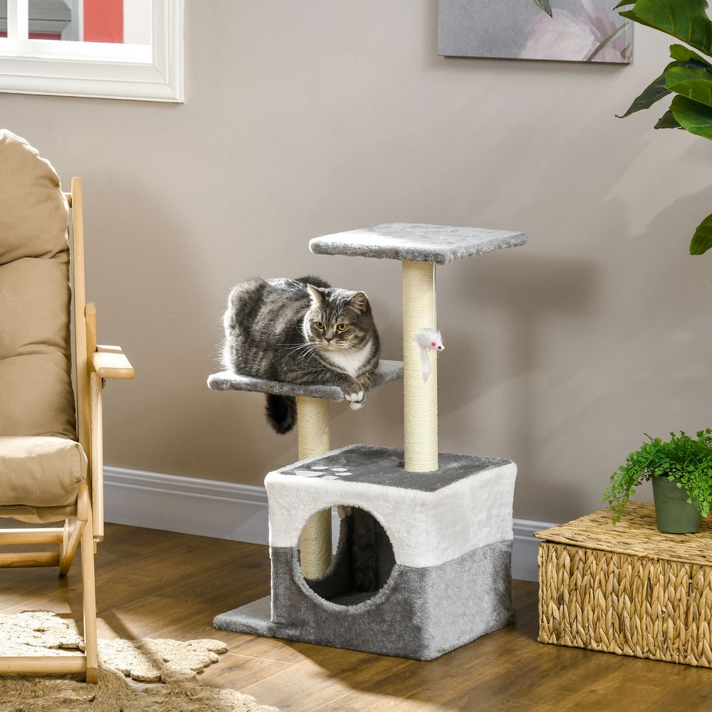 PawHut cat tree with sisal scratching posts, house, perches and toy mouse - Grey