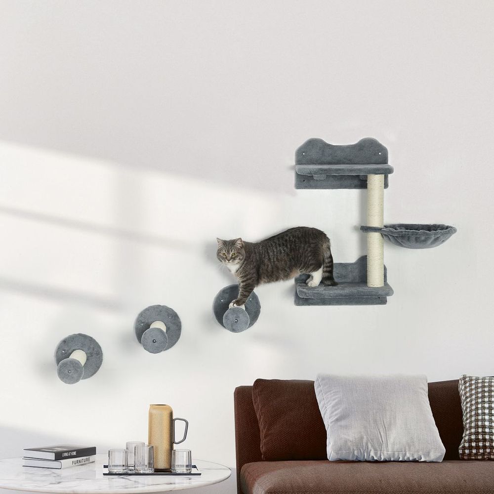 Cat Shelf with scratching post, wall-mounted tree for indoor cat - Grey