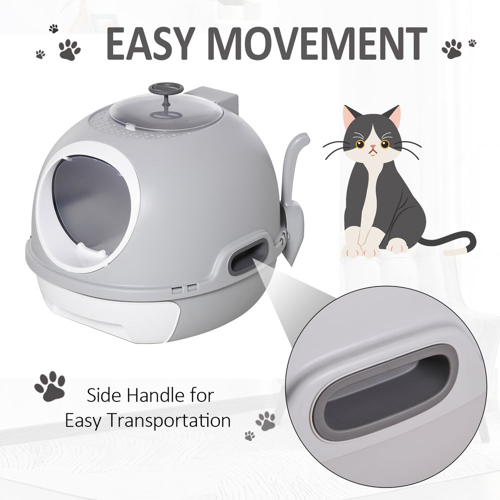 Pet cat litter box toilet with litter scoop, enclosed drawer, skylight - Grey