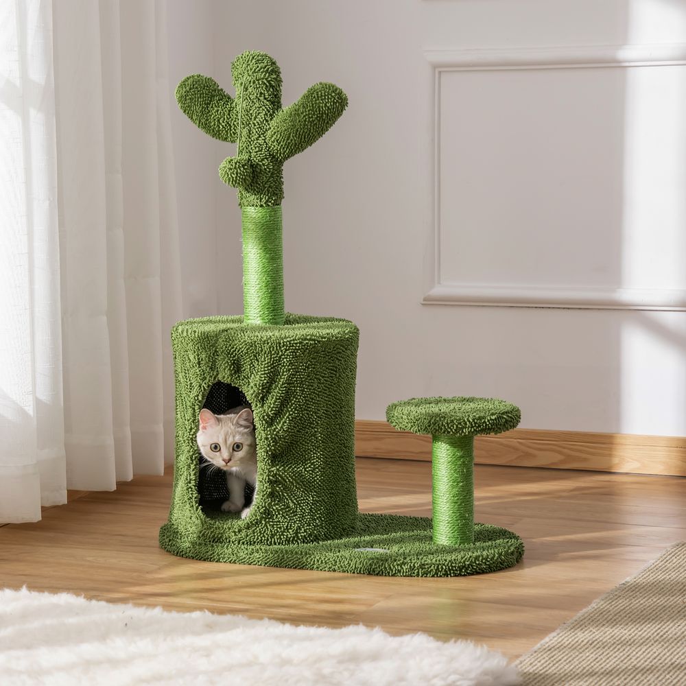 Cat Tree Tower Cactus Shape w/ Scratching Post Condo Perch Toy Ball - Green