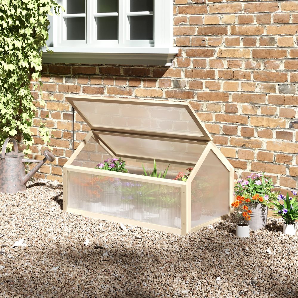 Wooden Cold Frame Greenhouse Garden Polycarbonate Grow House, Natural Outsunny