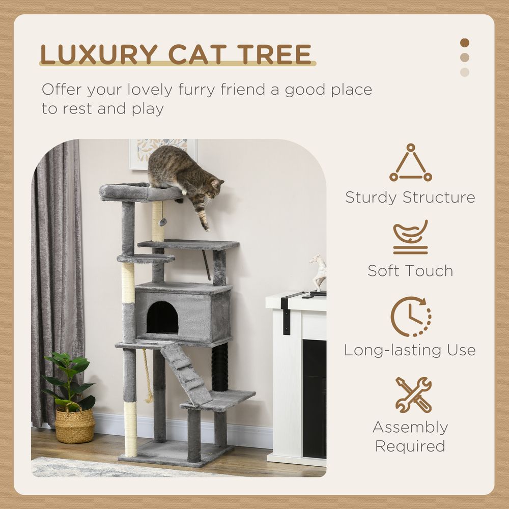 PawHut - Cat tree tower for indoor cats with scratching post, house, toy - Grey