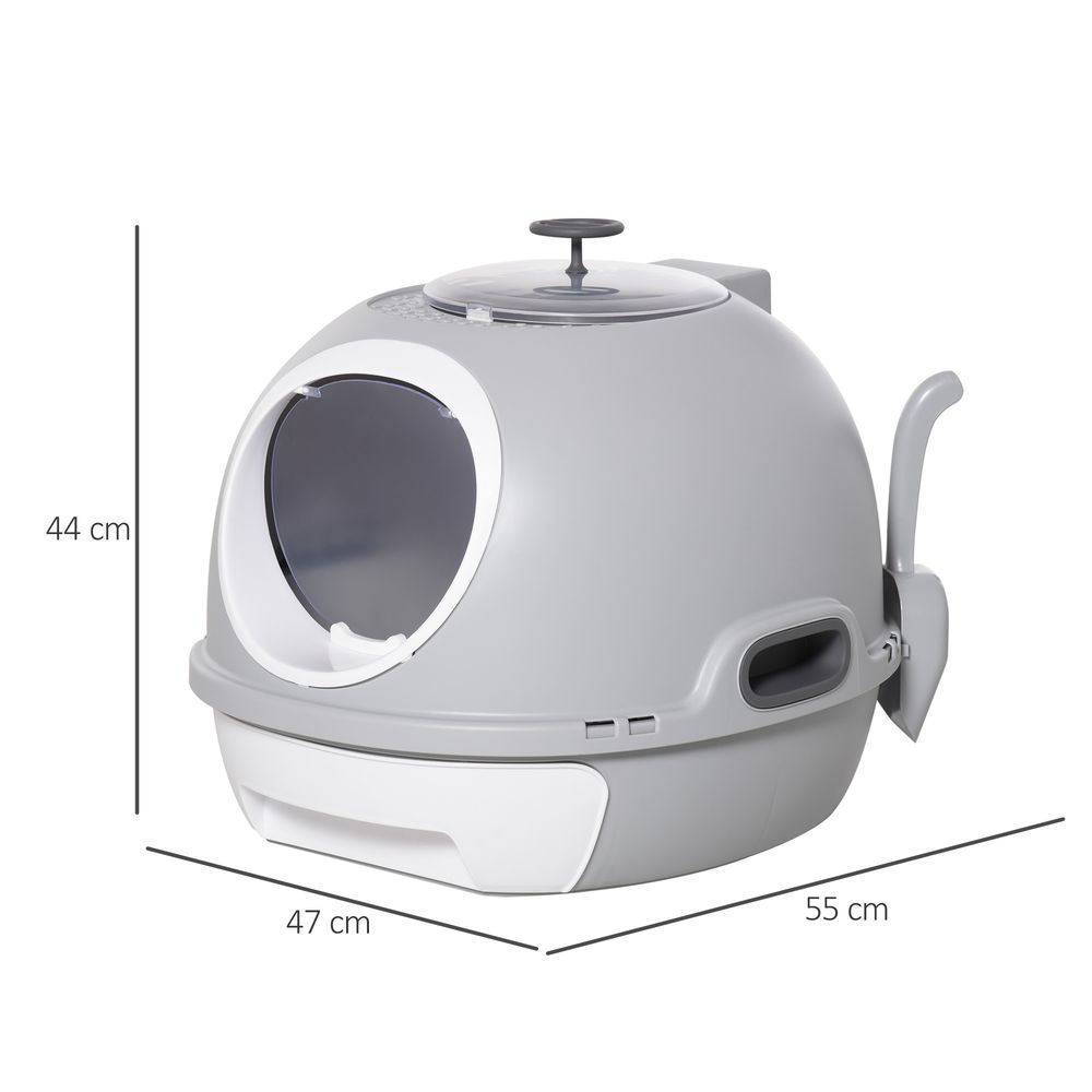 Pet cat litter box toilet with litter scoop, enclosed drawer, skylight - Grey