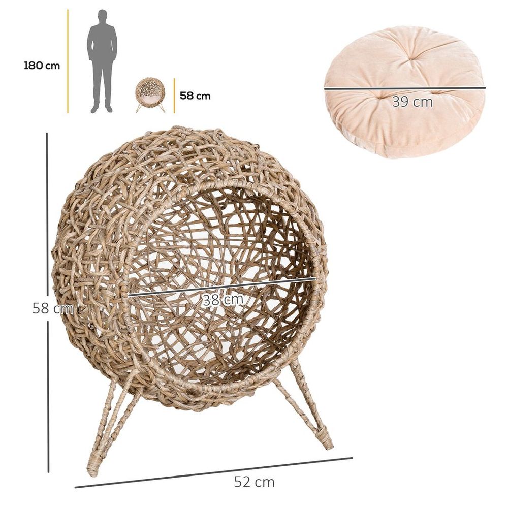 Wicker Cat ball-shaped rattan house, raised cat bed - Natural Wood Finish