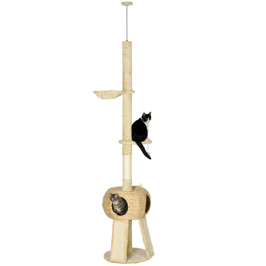 PawHut - 255cm Cat tree tower with scratching post cat house ball platform - Beige