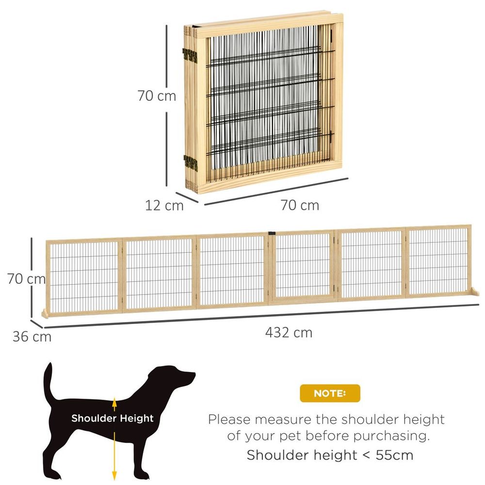 PawHut freestanding pet dog gate, six-panel foldable wooden playpen, 432cm