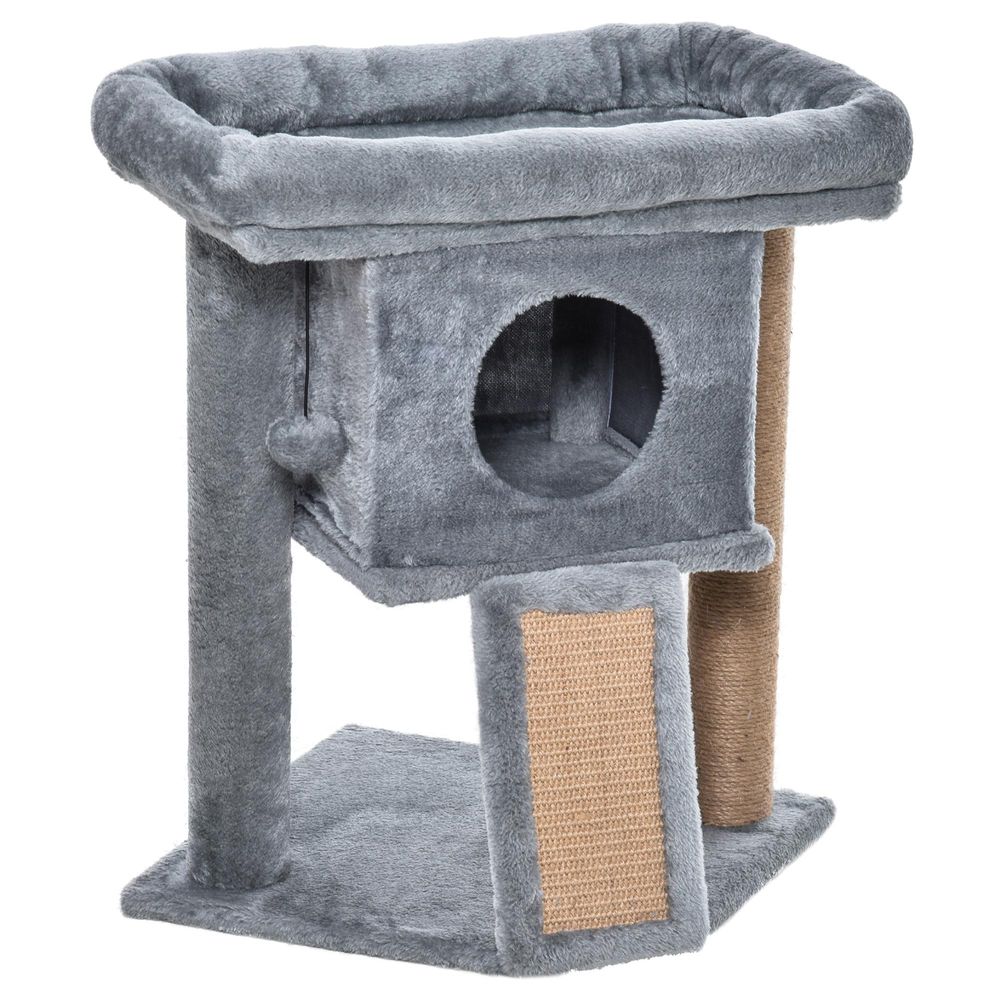 PawHut - Cat tree activity centre with scratching pad, toy ball, cat house - Grey