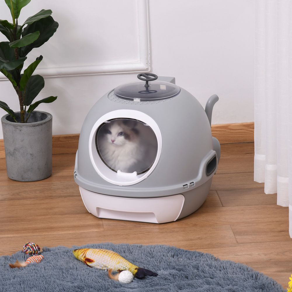 Pet cat litter box toilet with litter scoop, enclosed drawer, skylight - Grey