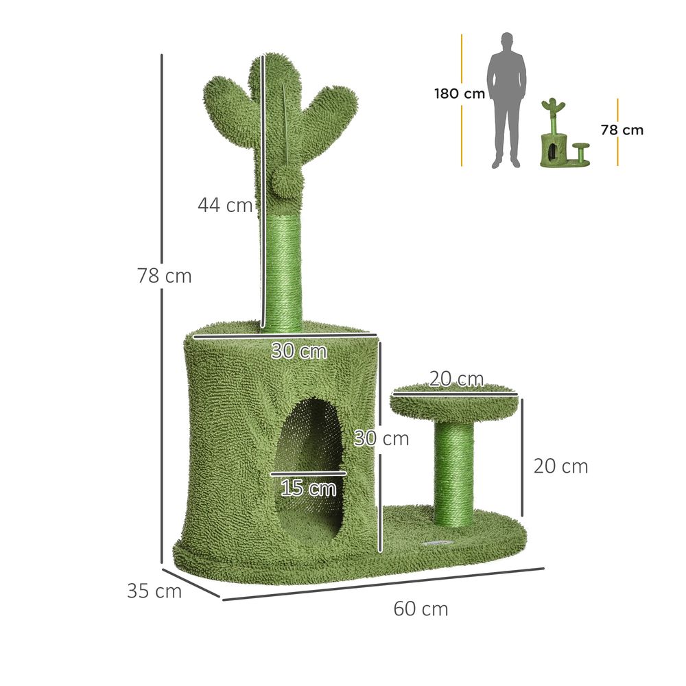 Cat Tree Tower Cactus Shape w/ Scratching Post Condo Perch Toy Ball - Green