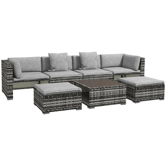 Outsunny 7 PCs Rattan Garden Furniture Set with Side Shelf, Stools, Table, Grey