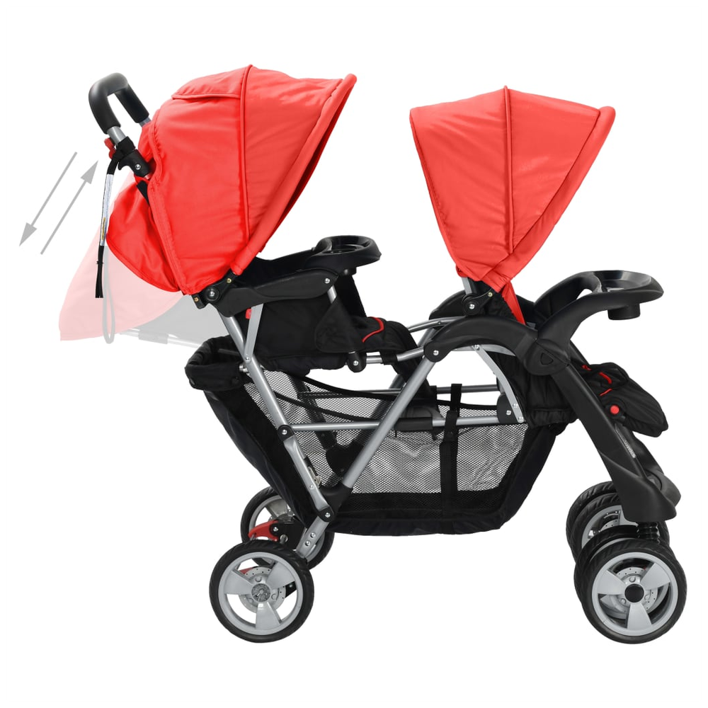 vidaXL Tandem Stroller Steel Red and Black