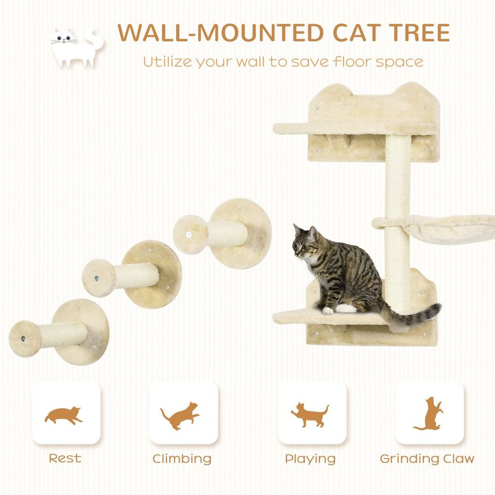 Cat shelf with scratching post, wall-mounted tree for indoor cat - Beige