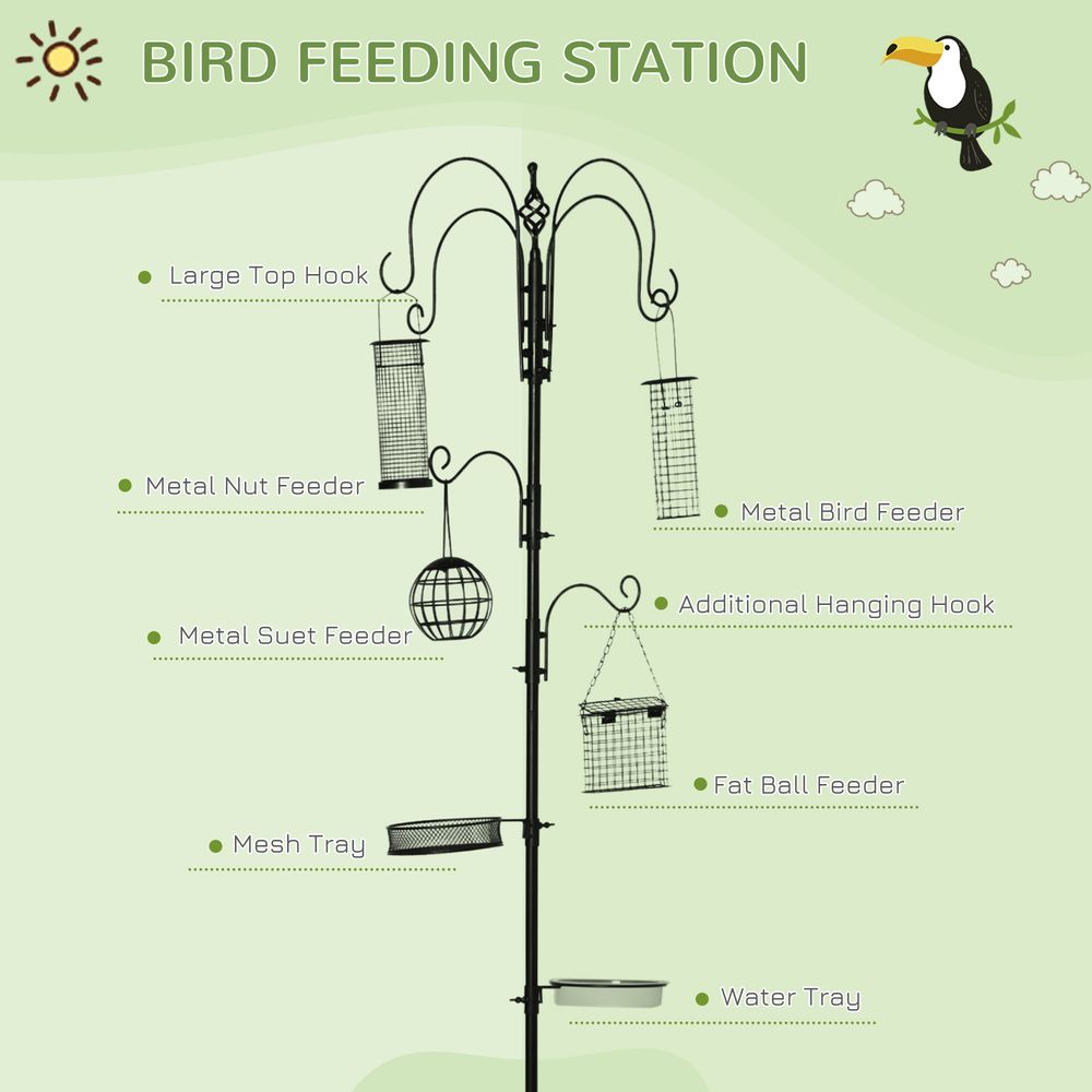 PawHut wild bird feeding station kit, feeder with pole and 6 hooks with 4 hanging feeders