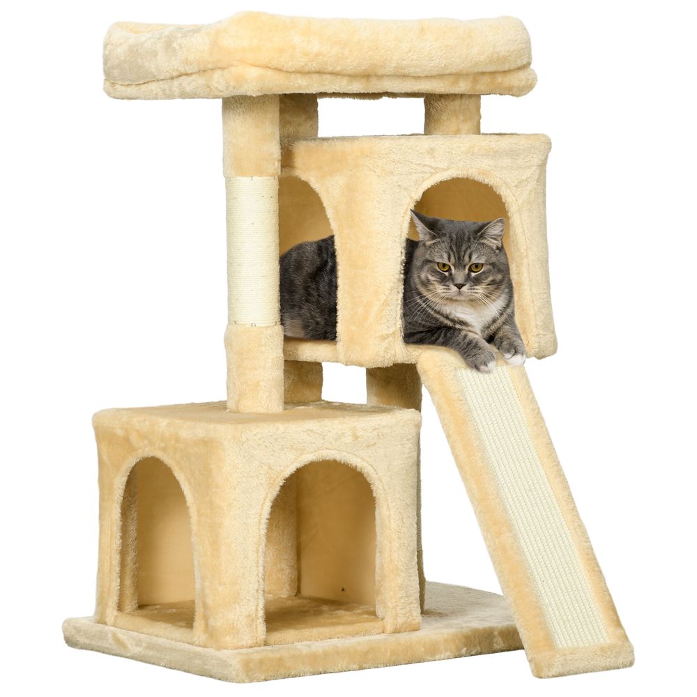 PawHut cat rest & play activity tree with 2 houses scratching post - cream white