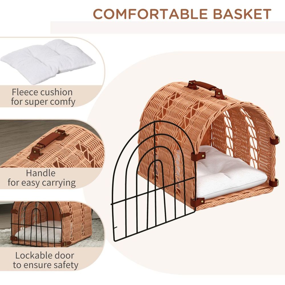 Portable natural wicker cat basket, bed, house with mat and carry handle - for kitten, pussy, carrying house