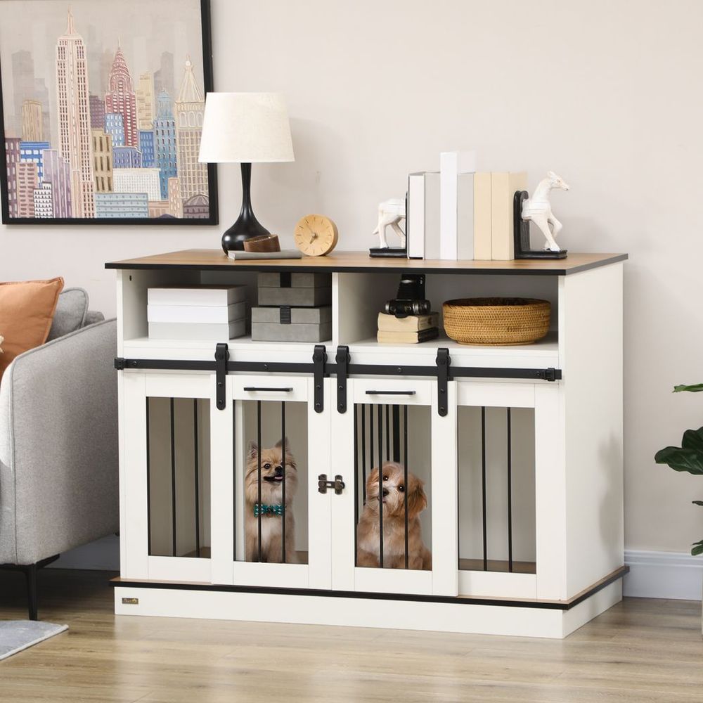 Dog crate furniture for small and large dogs with movable divider