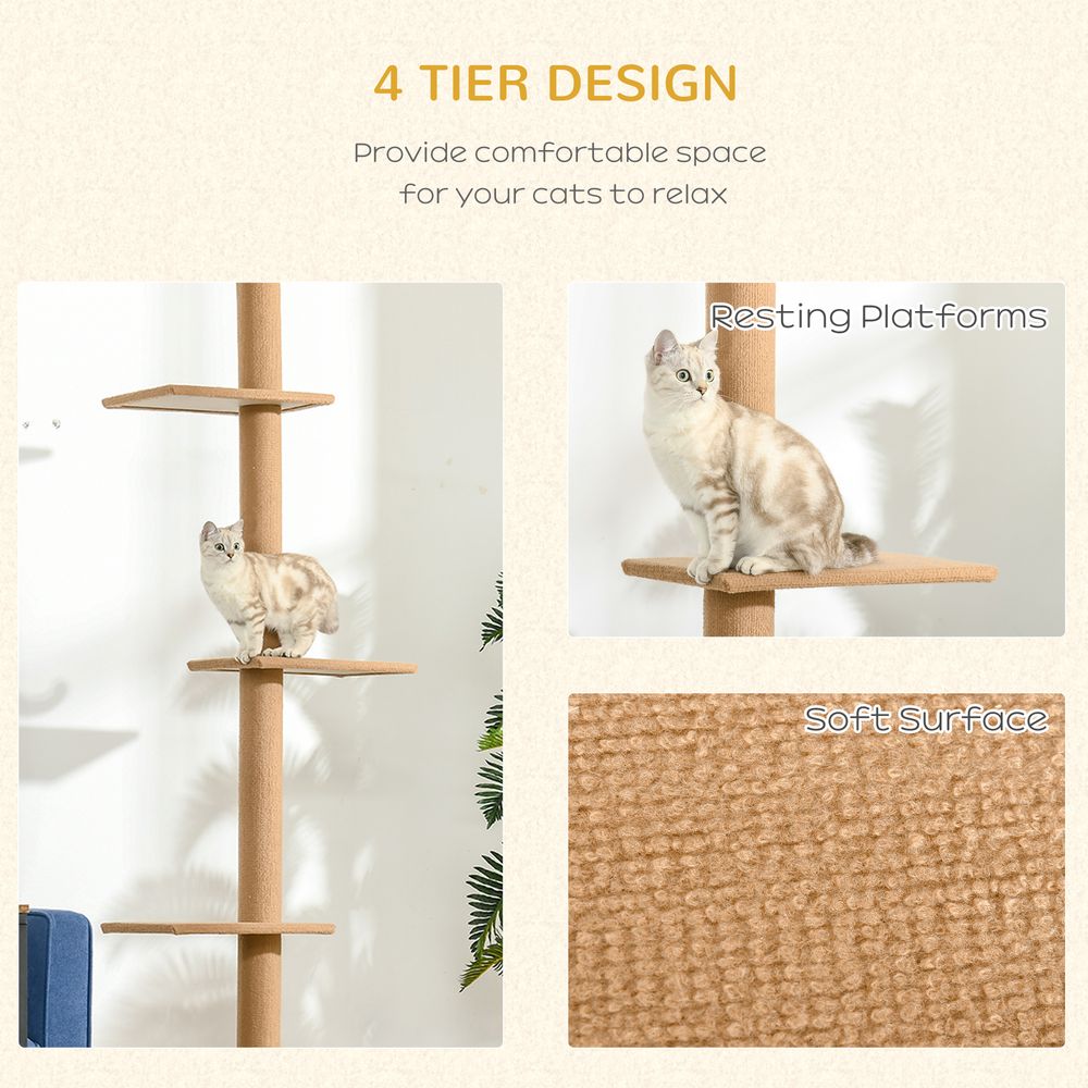 260cm Floor To ceiling cat tree for indoor cats with adjustable height - Brown