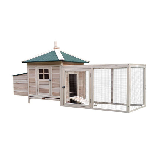 Pet chicken, small animal coop cage with nesting box, outdoor run backyard wooden