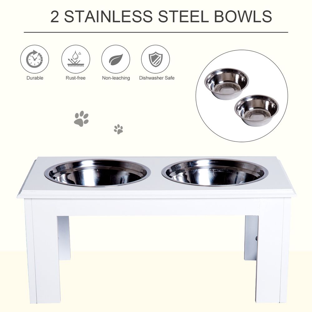 Raised pet feeder elevated double stainless steel bowls stand water - White